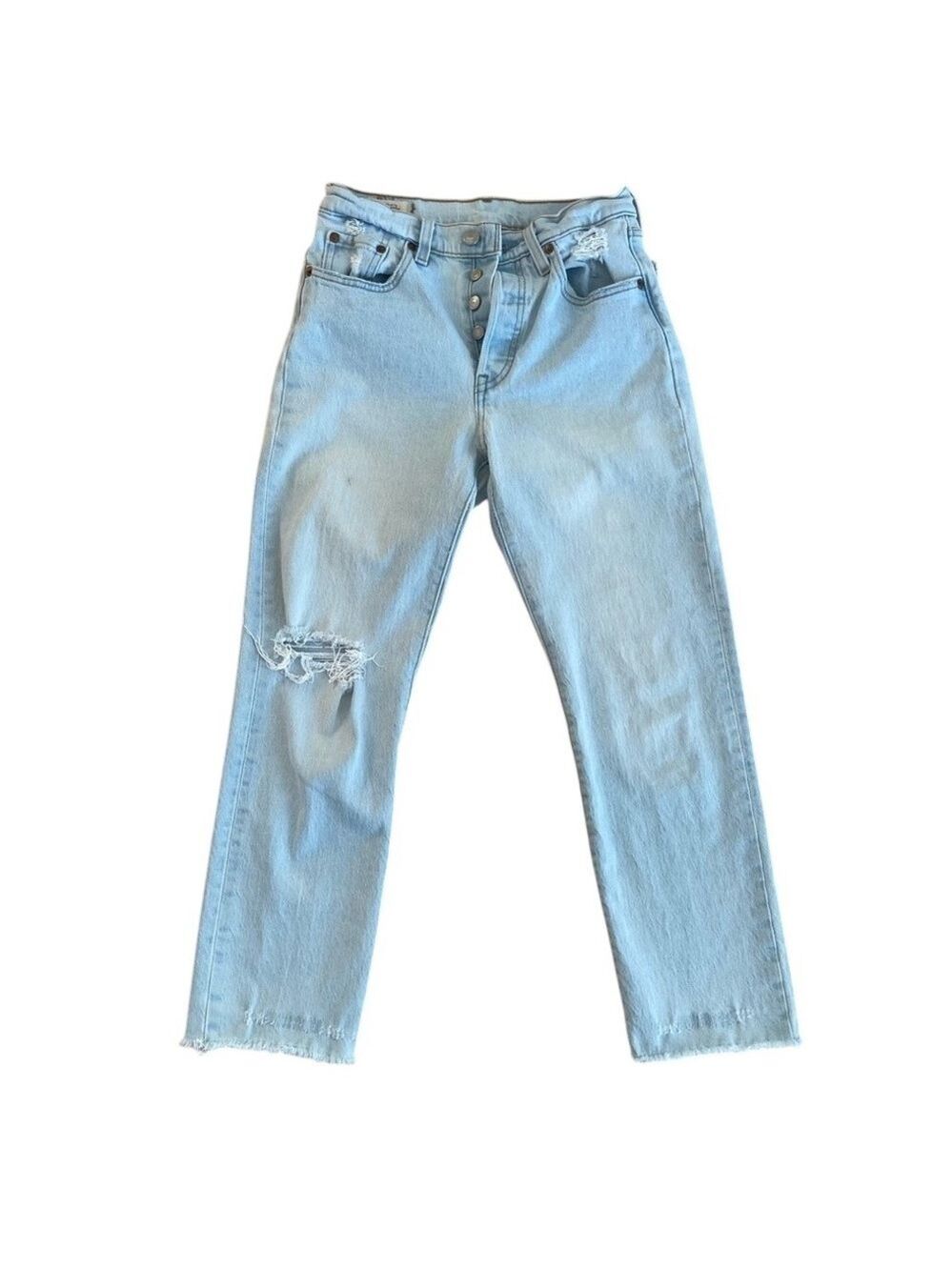 Levi’s premium 501 women distressed ripped knees light blue wash button fly 25